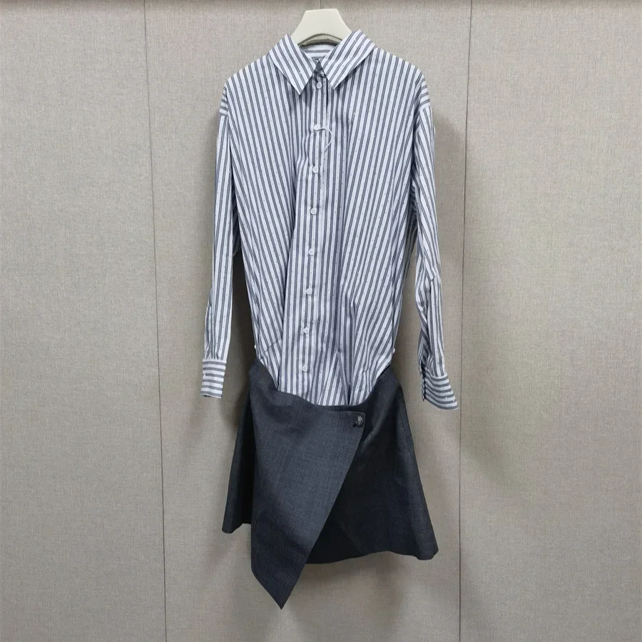 2025 Otoño e Invierno vestido camisero para mujer retales de diamantes a rayas Mini vestido elegante para mujer