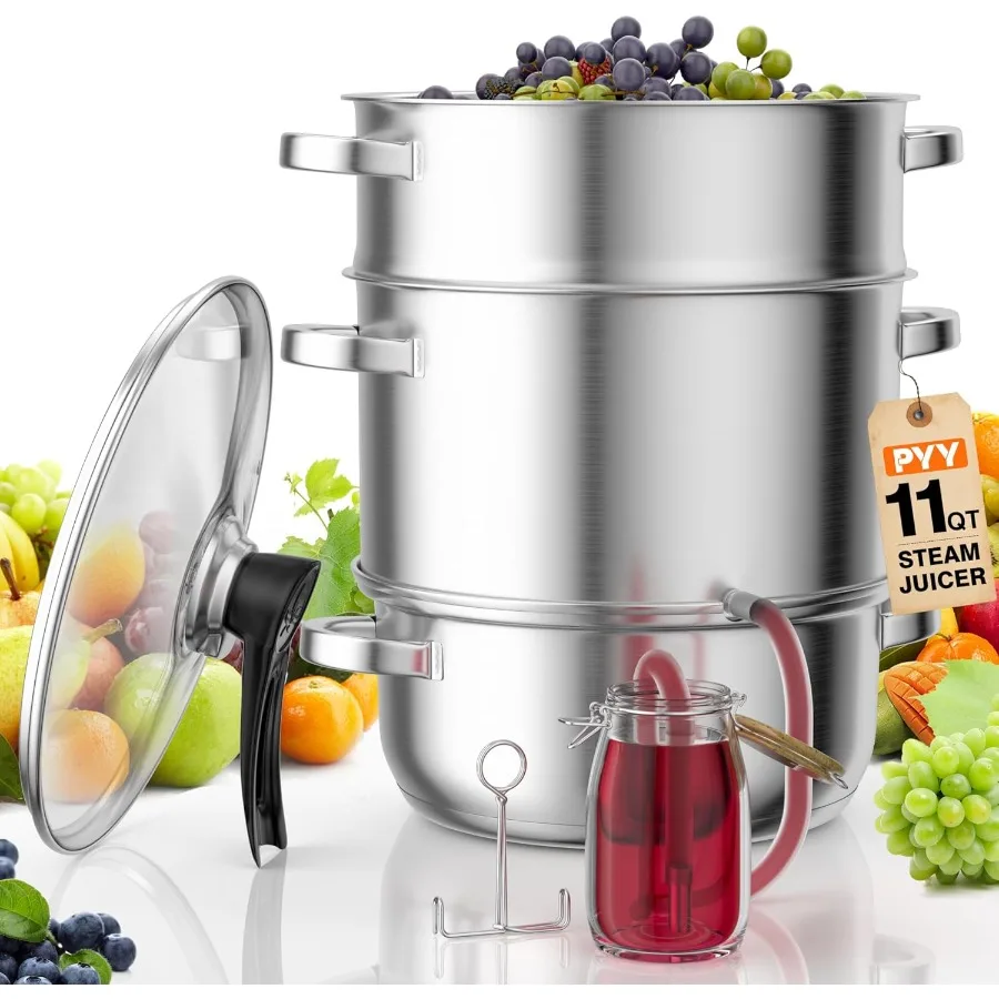 

11QT Stainless Steel Steam Juicer Extractor with Tempered Glass Lid for Fruit and Vegetable Processing 3Layer Design with Hose