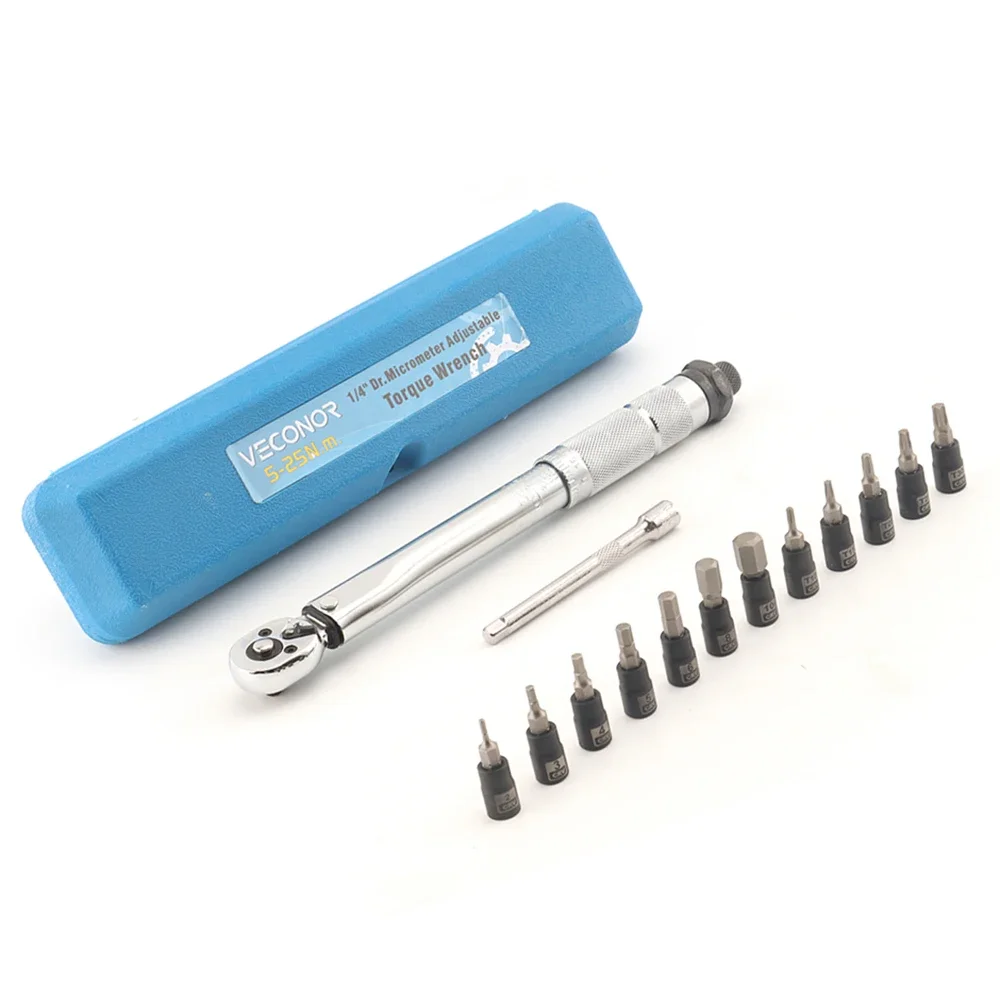 

Preset Torque Wrench Set 1/4 Inch Drive 5-25N.m with Socket Torx Hex Bits Plastic Case Packed for Car Bicycle Repair