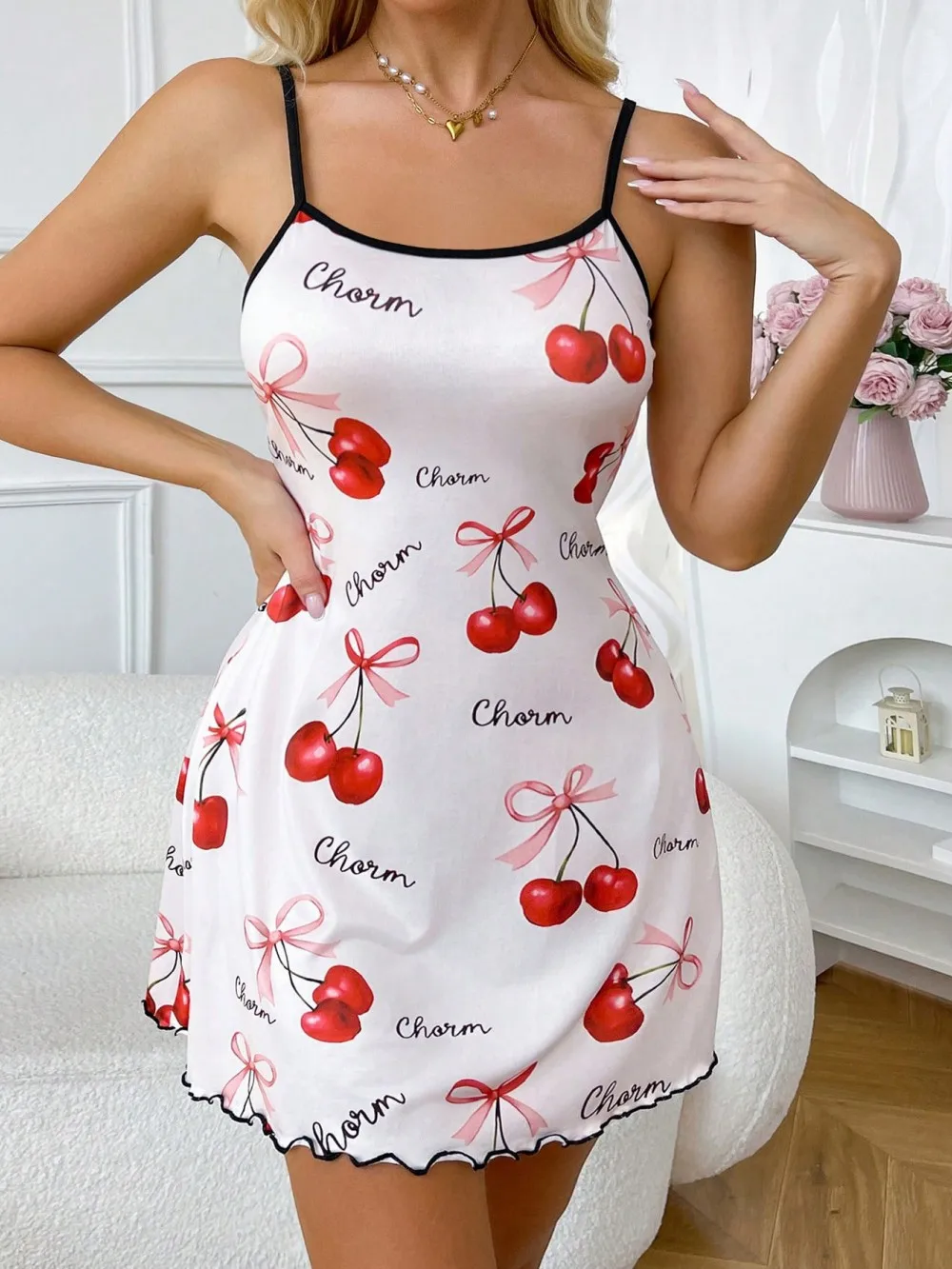 

Cherry Printed Slip Nightdress Women Sleepwear Straps Sleep Mini Dress Nighties Nightgown Loungewear Valentine's Day Gift
