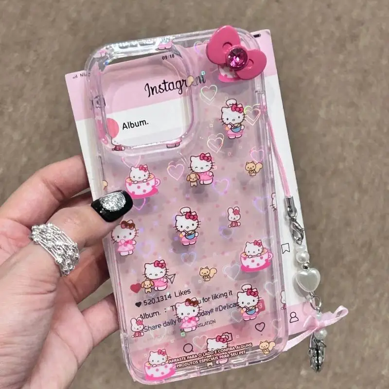 Pink Doodle Dot Hello Kitty Cat Apple 15Promax Phone Case Anime Cartoon Sanrio 12 Soft Case Anti Drop Phone Case Girls Gift