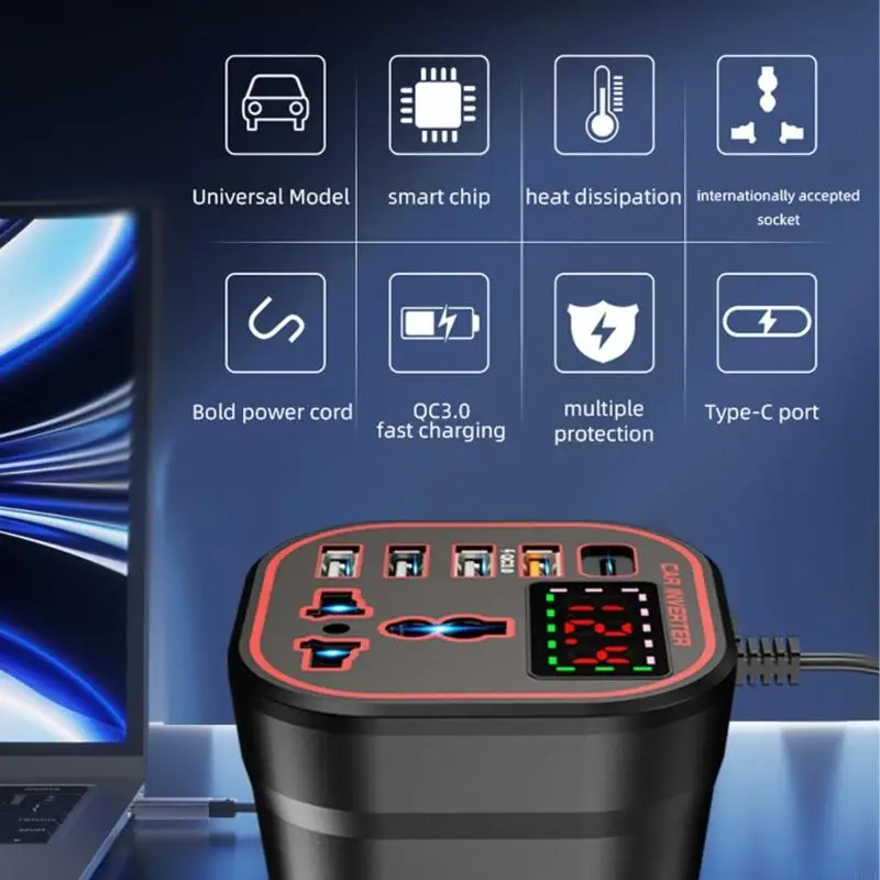Versatile Compact 200W Car Power Inverter With Quiet Cooling Fan For Electronics R6FB
