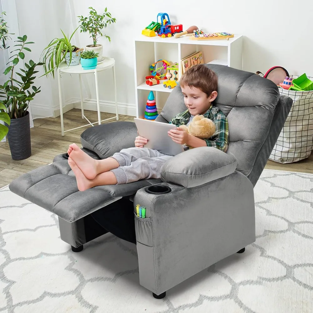 Kids Recliner Chair with Cup Holder, Adjustable Velvet Lounge Chair w/Footrest & Side Pockets for Children Boys Girls Room