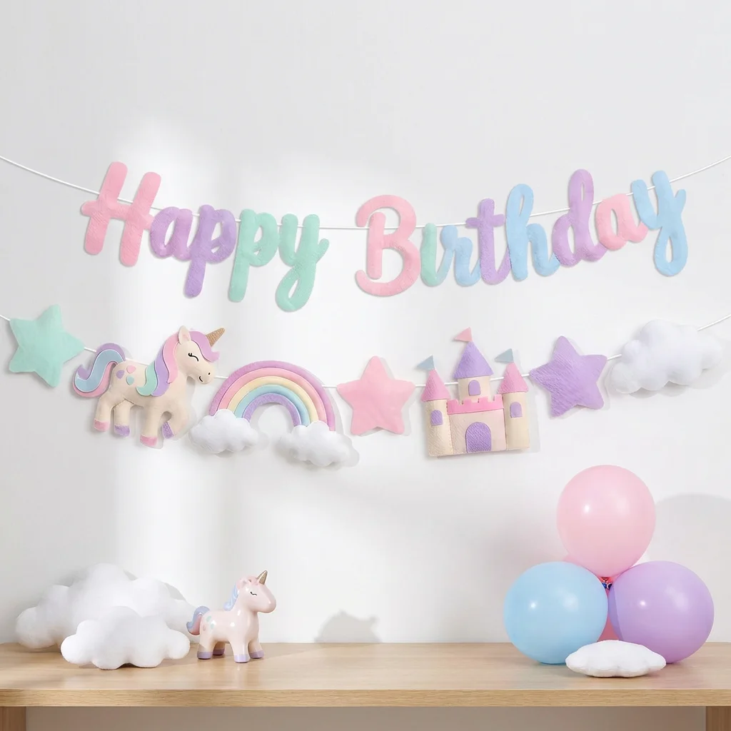 Regenbogen-Einhorn-Party Filzbanner Bunte Stern-Prinzessin-Schloss-Dekorationen Alles Gute zum Geburtstag Magisches Pony Mädchen Babyparty-Deko – Detail 5