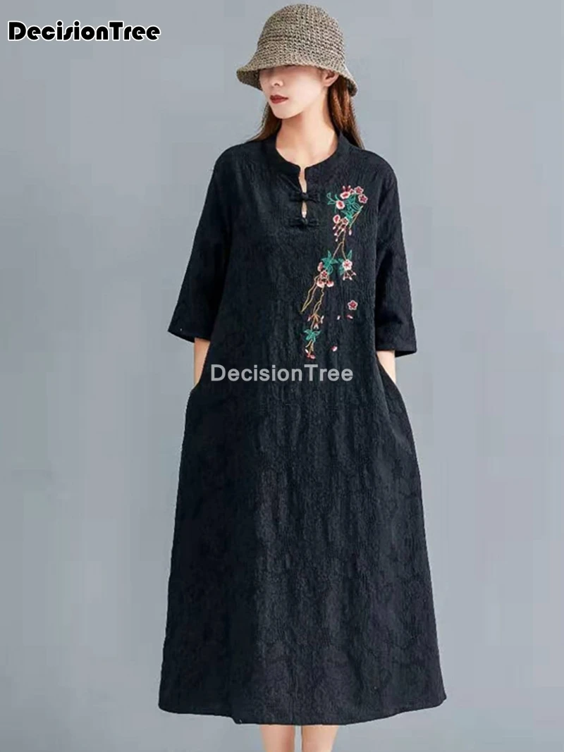 2023 çin elbisesi cheongsam kadınlar uzun qipao elbise modern pamuk keten cheongsam elbise yarım kollu nakış cheongsam elbise