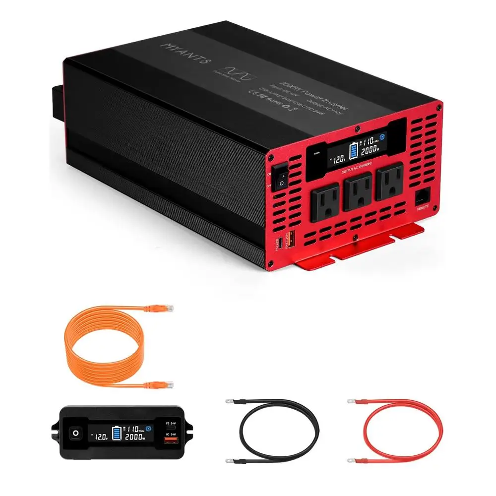 2000W Pure Sine Wave Power Inverter 12V DC to 110/120V AC Converter with 3 AC Outlets Fast USB Ports Phones TVs Refrigeration