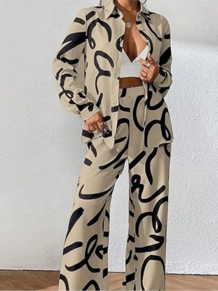 Women Clothing 2024 Autumn New Fashion Print Set Casual Button Collar Shirt Long Sleeved Wide Leg Pants Long Pants Two-piece Set