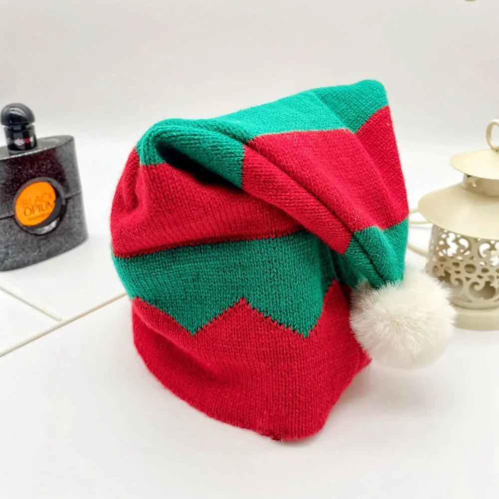 Cute Strip Knitted Christmas Hat Cloth Accessories Cartoon Ball Soft Beanie Knitting Muffler Santa Hat Girls