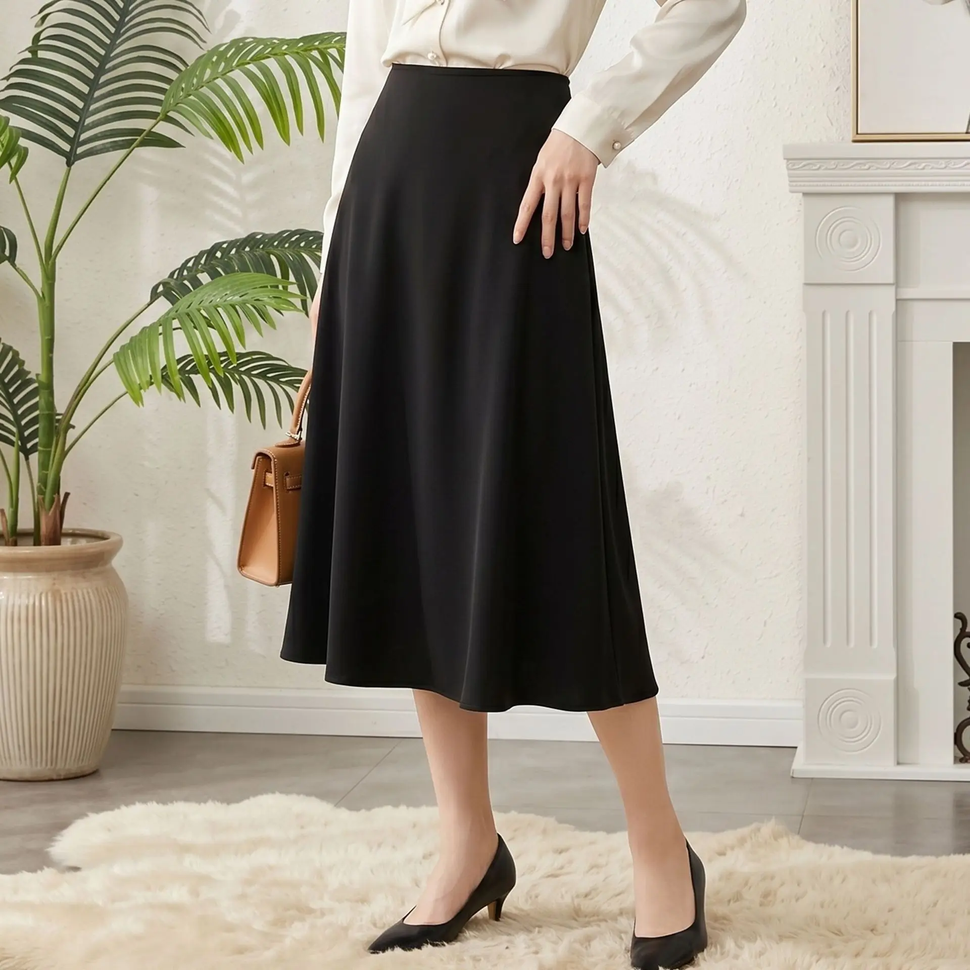 Glossy Silk Satin Midi Skirt Women High Waist A Line Flowy Swing Skirt Elegant Office Commute Summer Formal Mid Length Skirts