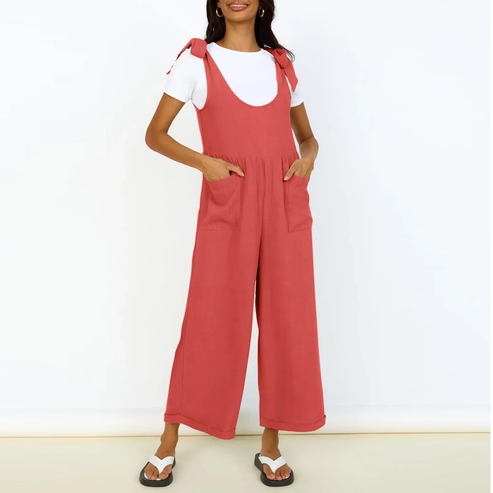 2025 New Arrival Women's Solid Color Pocket Tie Wide Leg Jumpsuit Large U Neck Pants Ladies Daily Wear Clothes Evening Jumpsuits