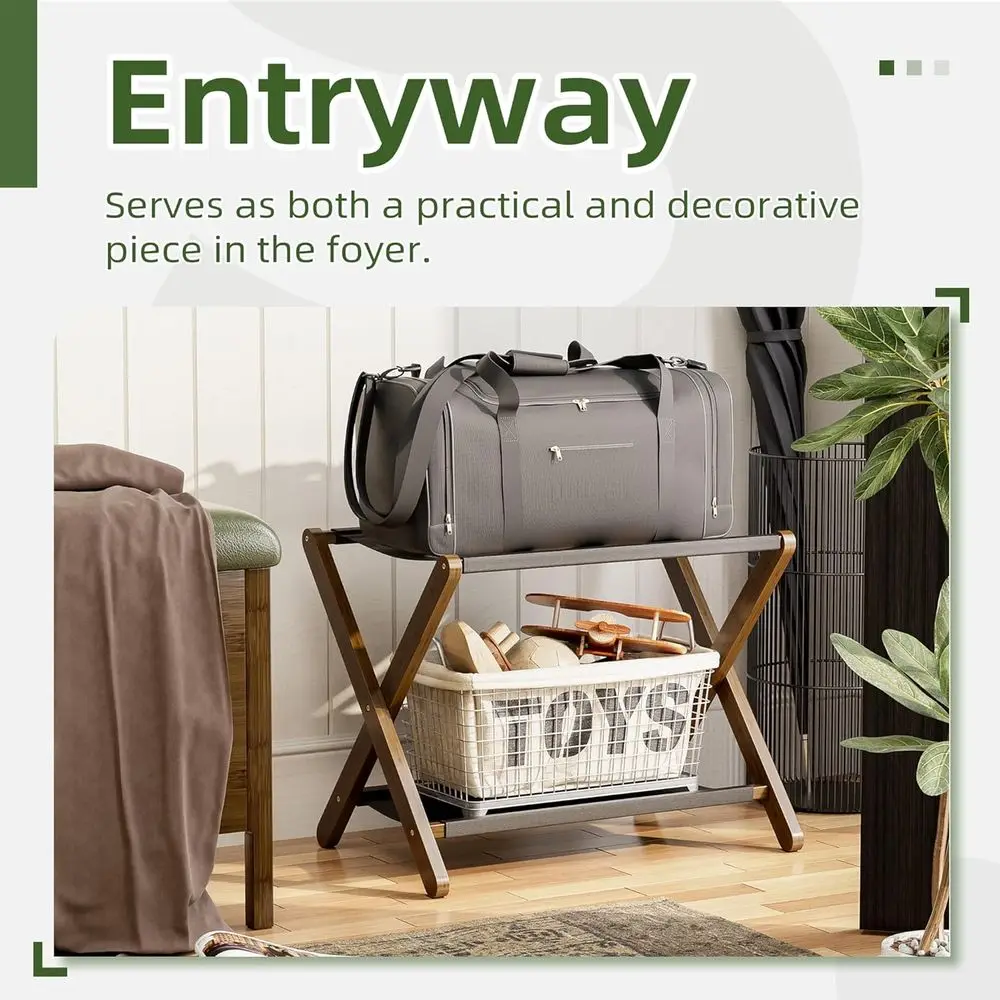 Set di 2 porta valigie pieghevoli in bambù con ripiano portaoggetti, supporto premium per casa, hotel, può contenere fino a 135 libbre