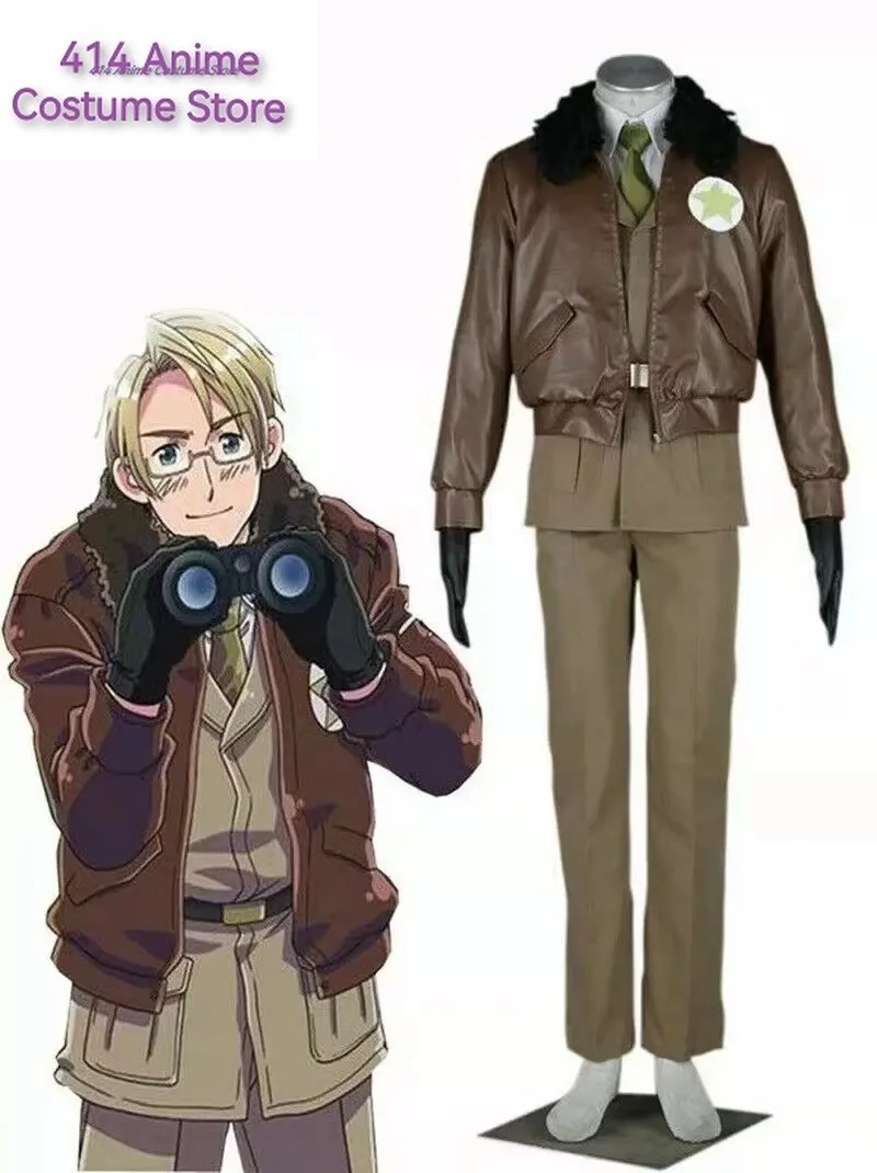 American Military Uniform APH Axis Powers Hetalia Alfred F. Jones Cosplay Costume Halloween Adult Brown Uniform for Man Woman