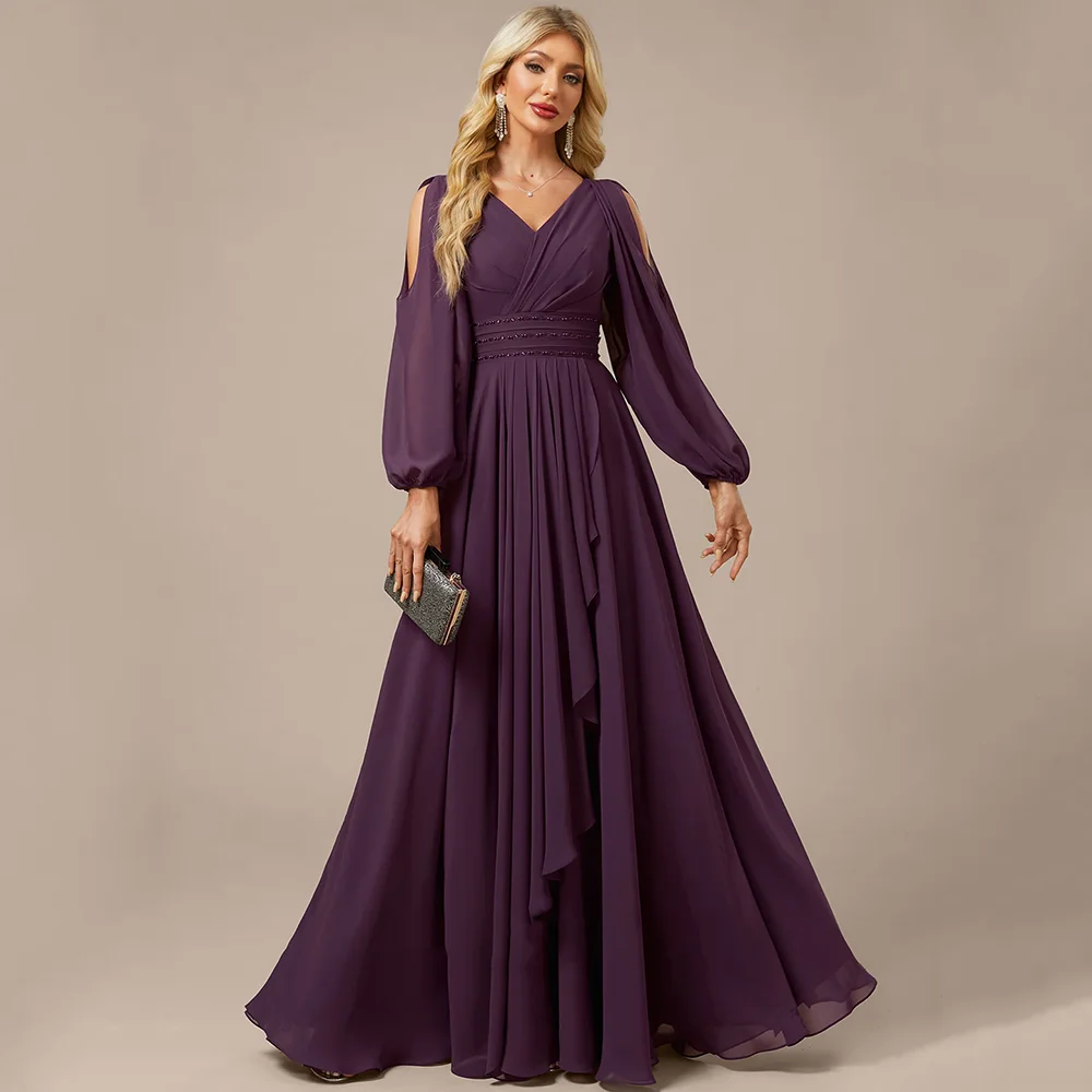 Lila Mutter der Braut Kleid Frau Abend Party Kleid Maßgeschneiderte Puffärmel Perlen Chiffon A-Linie Hochzeitsgast Kleider