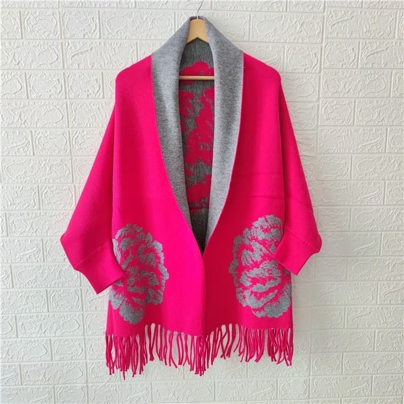 

Poncho female 2023 autumn and winter imitation cashmere peony scarf fringed double-sided warm long sleeves shawl cape female top