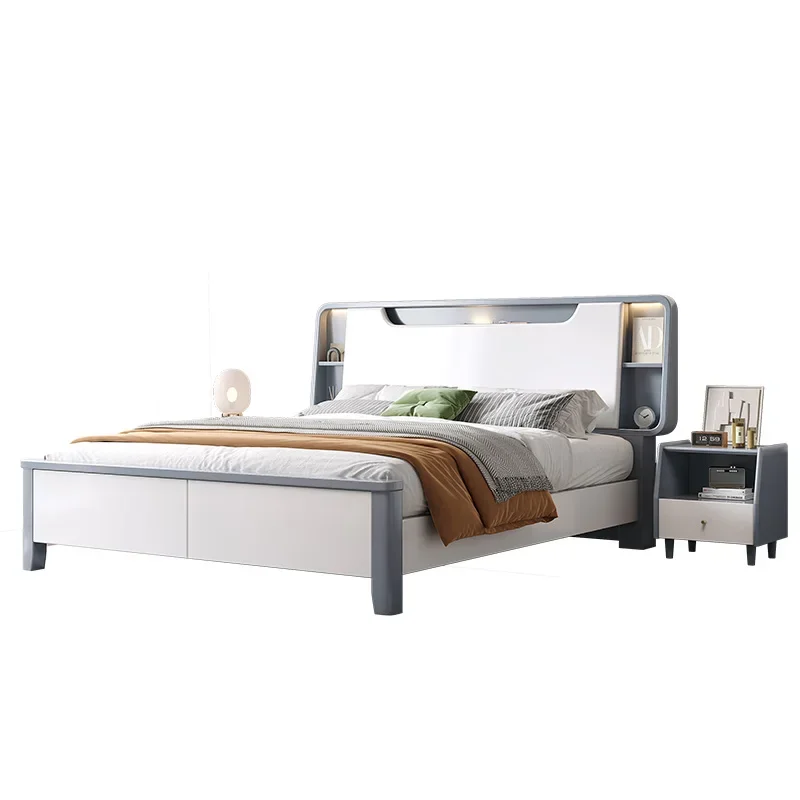 Nordic style solid wood bed modern simple 1.8m light luxury master bedroom double bed 1.5m white high box storage bed