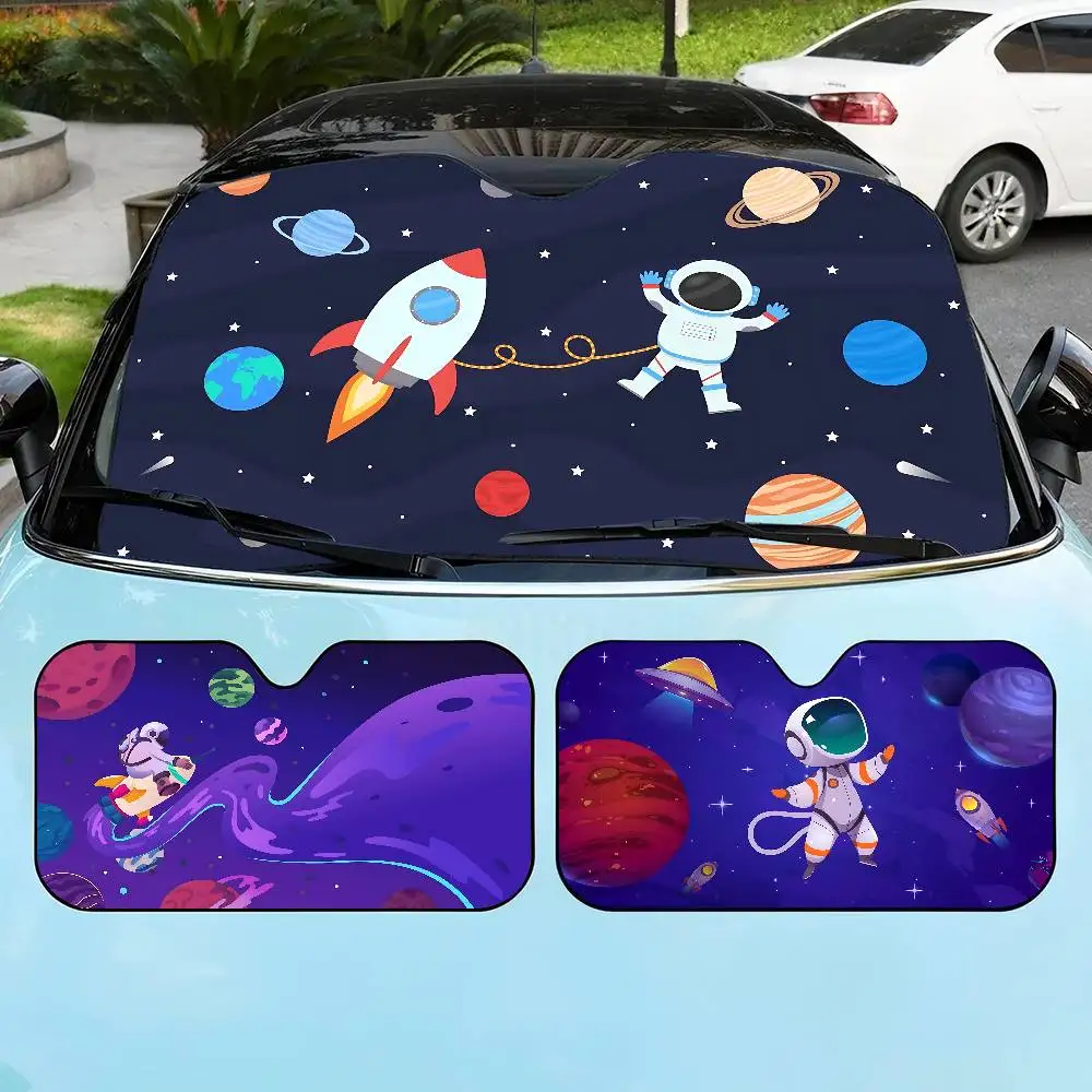 Pare-soleil pliable pour pare-brise avant, motif fusée, astronaute, planètes, étoiles, 70x130cm, dessin animé, films protecteurs pour voiture