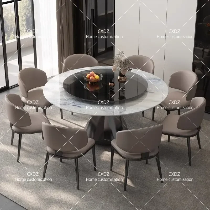 Marble Round Dining Table with Turntable High End Light Luxury Supercrystalline Stone Modern Home Furniture Set for Living