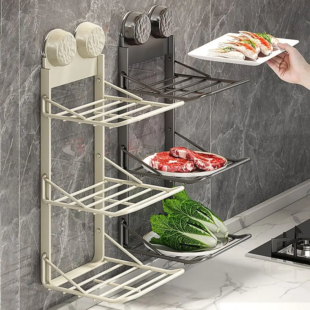 Carbon Steel Suction Cup 3 Layers Storage Tray Punch-Free Foldable Food Preparation Tray Removable Wall Mounted