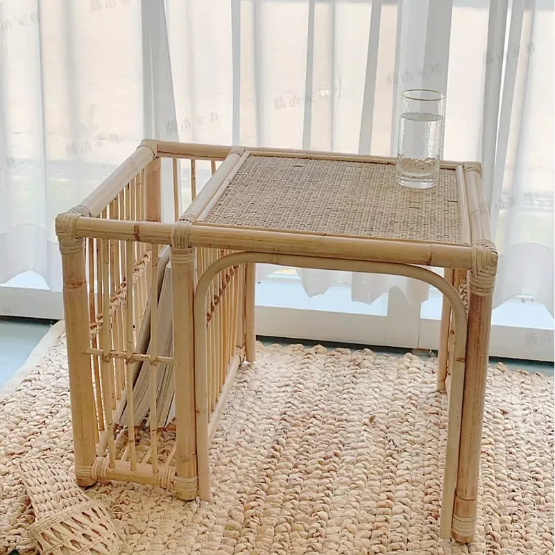 i Handwoven Rattan Coffee Table, Breathable Eco Storage Accent Nightstand for Living Room Bedroom