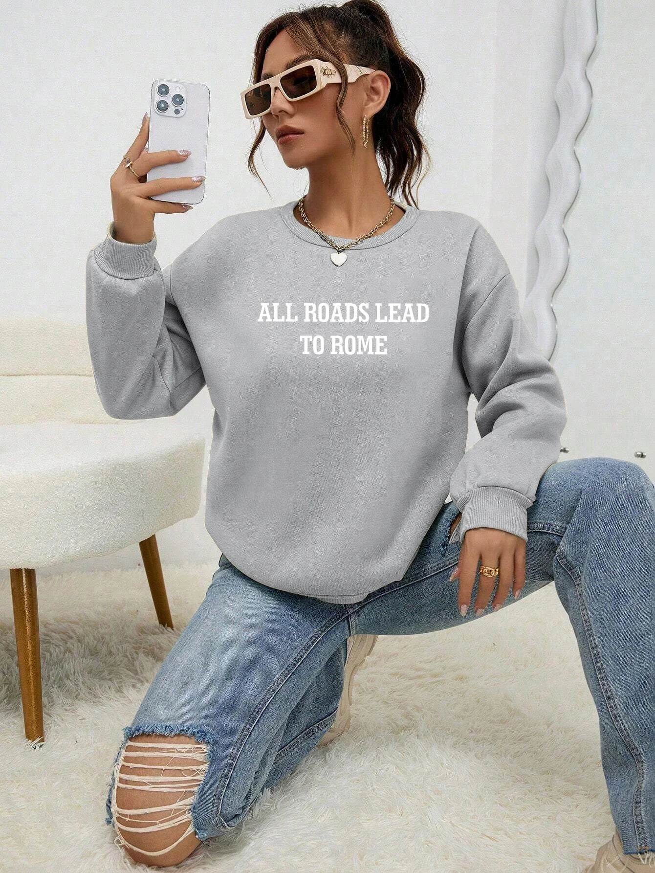 All Roads Leads To Rome Letter Printing Woman Tracksuit Vintage Oversize Tops Warm Comfortable Sweatshirt Autumn Casual Clothes