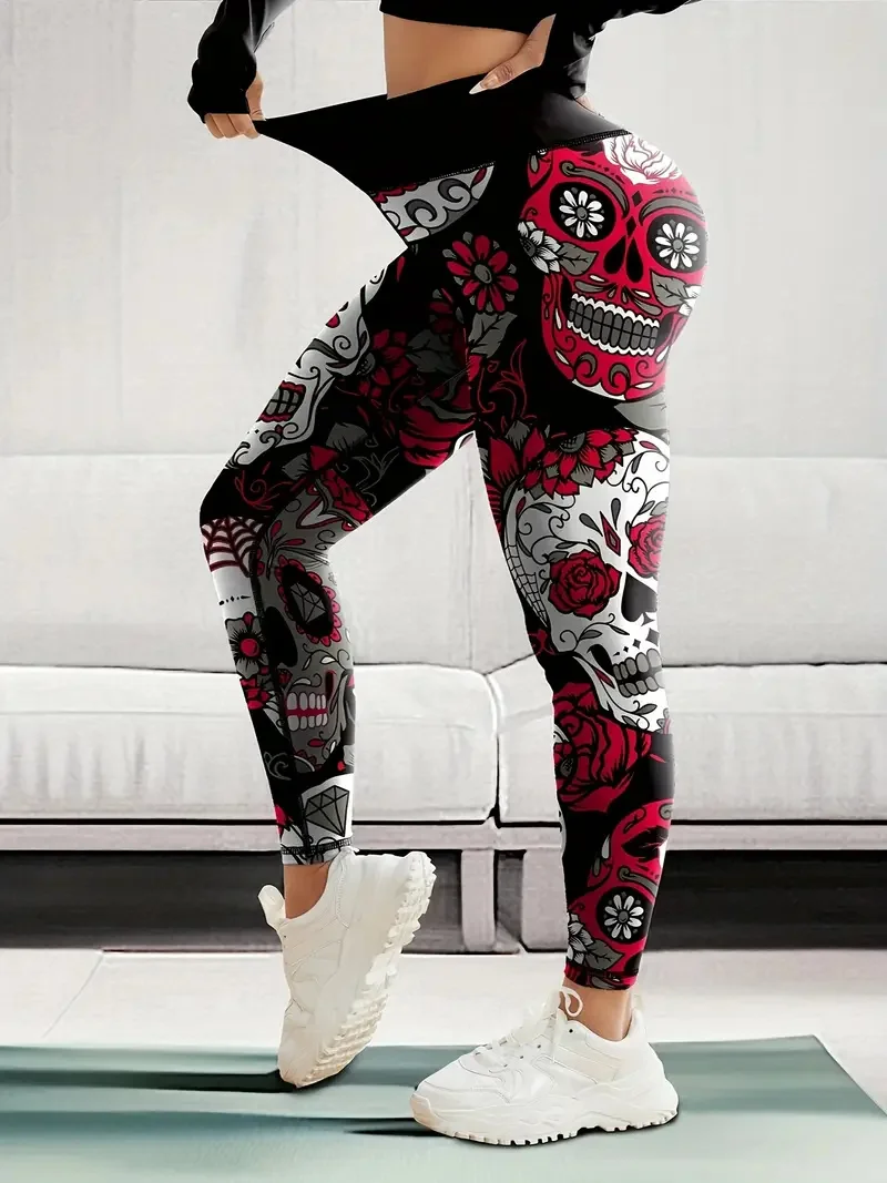 3D Printed Skull Graphic Women's Yoga Pants Fashion Cool Gothic Style Elastic Legging Outdoor Running Sports Casual Fitness Pant