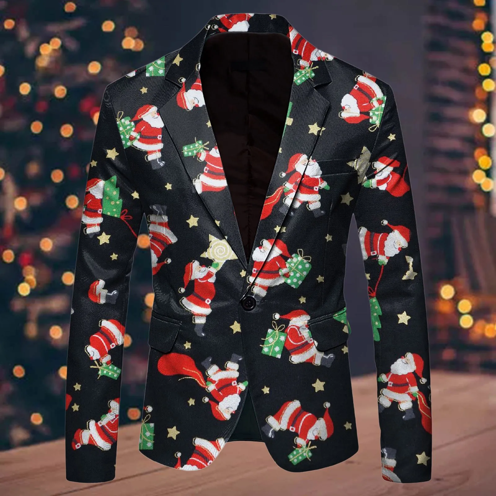 Christmas Tree Snowflake Printed Pocket Suit Coat Men Lapel Single Button Agent Blazer Slim Fit Formal Festive Party Jacket