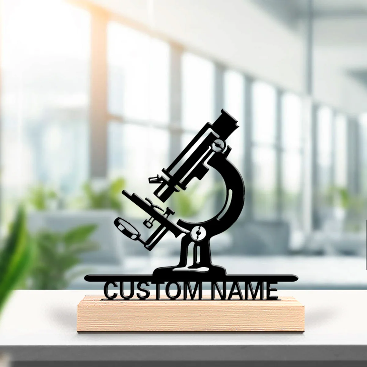 1pc Cute Personalized Custom Microscope Metal Statues Symbolic Desktop Decoration with Wooden Base, Gift, Male Theme, Office