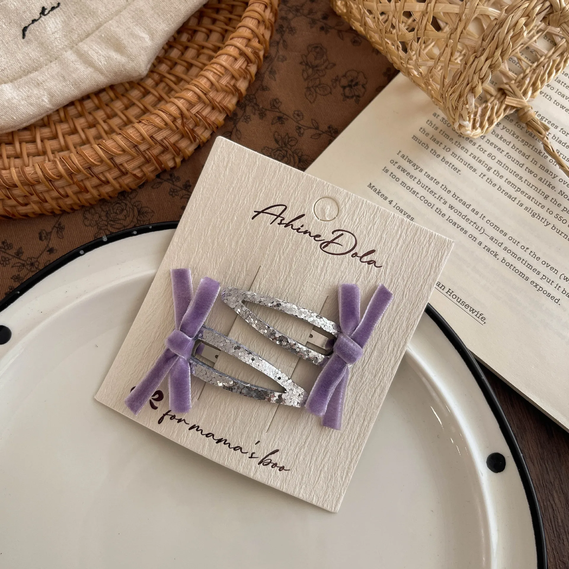 2pcs New Korean Version Fabric Bow Velvet BB Clip Cute Girl Children Hairpin Sparkling Broken Hair Headgear #6