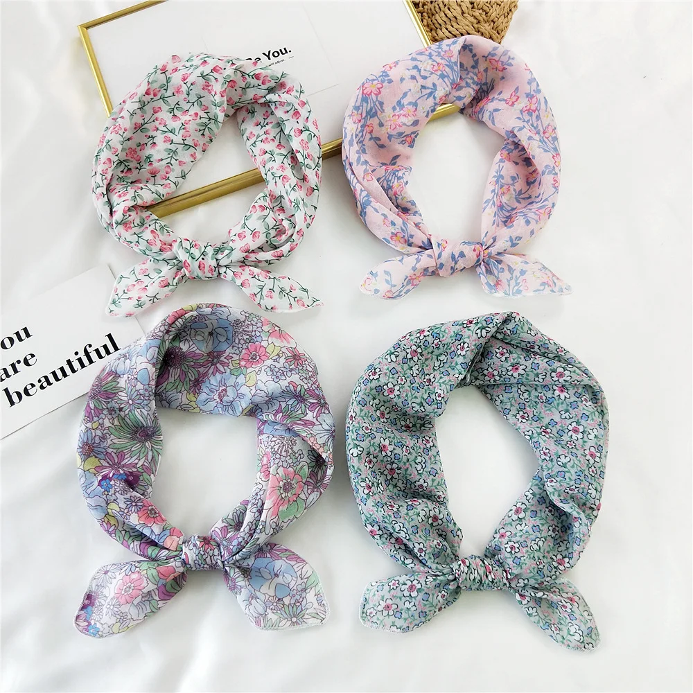 58cm Flower Cotton Square Neck Scarf Women Hair Band Fashion Print Wrap Hairband Headband Hairscarf Turban Kerchief Bandanas