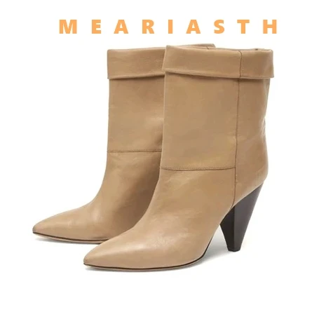 

2025 New Women Boots Black Red real Leather Pointed Toe Ankle Boots Autumn Folded Style Slip On Spike thick Heel Short Booties