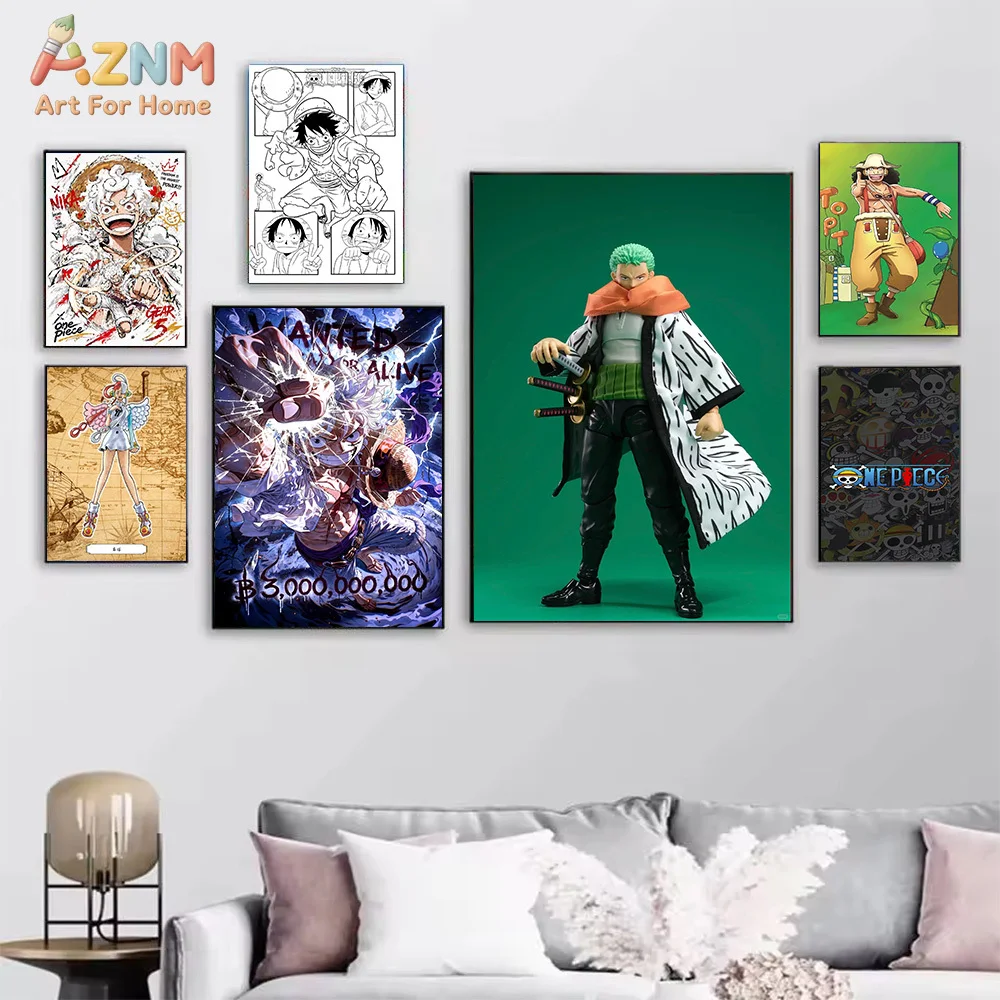 AZNM One Piece Anime Canvas Wall Art Roronoa Zoro Monkey D Luffy Gear 5 Nika Usopp Uta HD Print Frameless Canvas Painting Home B view 2