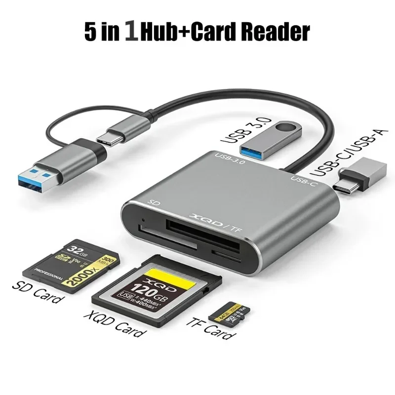 

USB 3.0 Memory Card Reader 5 in1 USB USB-C to TF SD XQD Card Reader Adapter for 15 Pro/Max MacBook Pro/Air