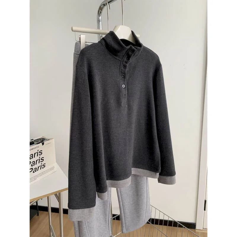 Brushed T-shirts Stand Collar False Two-piece Tops Casual Korean Style Long Sleeve Sweatshirt 2026 Autumn Winter Women Clothes