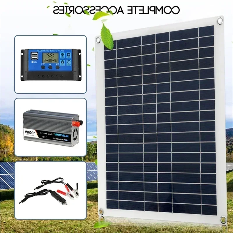 12V/24V Solar Panel System 18V 50W Solar Panel Battery Charge Controller 800W/1000W Solar Inverter Kit Complete Power Generation