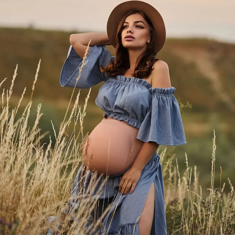 فستان بوهو نسائي مكون من قطعتين من قماش الموسلين فستان عتيق وتنورة لدعائم صور الأمومة فيستدو ماتميناداد استحمام الطفل #3