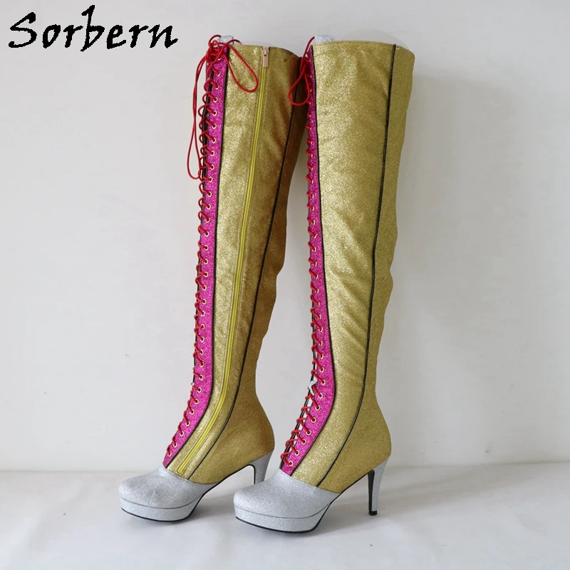 

Sorbern Colorful Glitter Thigh High Boots Women High Heel Stilettos Custom Wide Calf Fit Shaft Length Over The Knee Ladies Boot