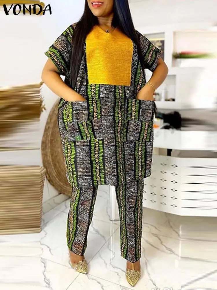 

VONDA Plus Size 5XL Women Pant Sets 2024 Elegant Printed Patchwork Trousers Suits Vintage Tops and Wide Leg Pants Matching Sets