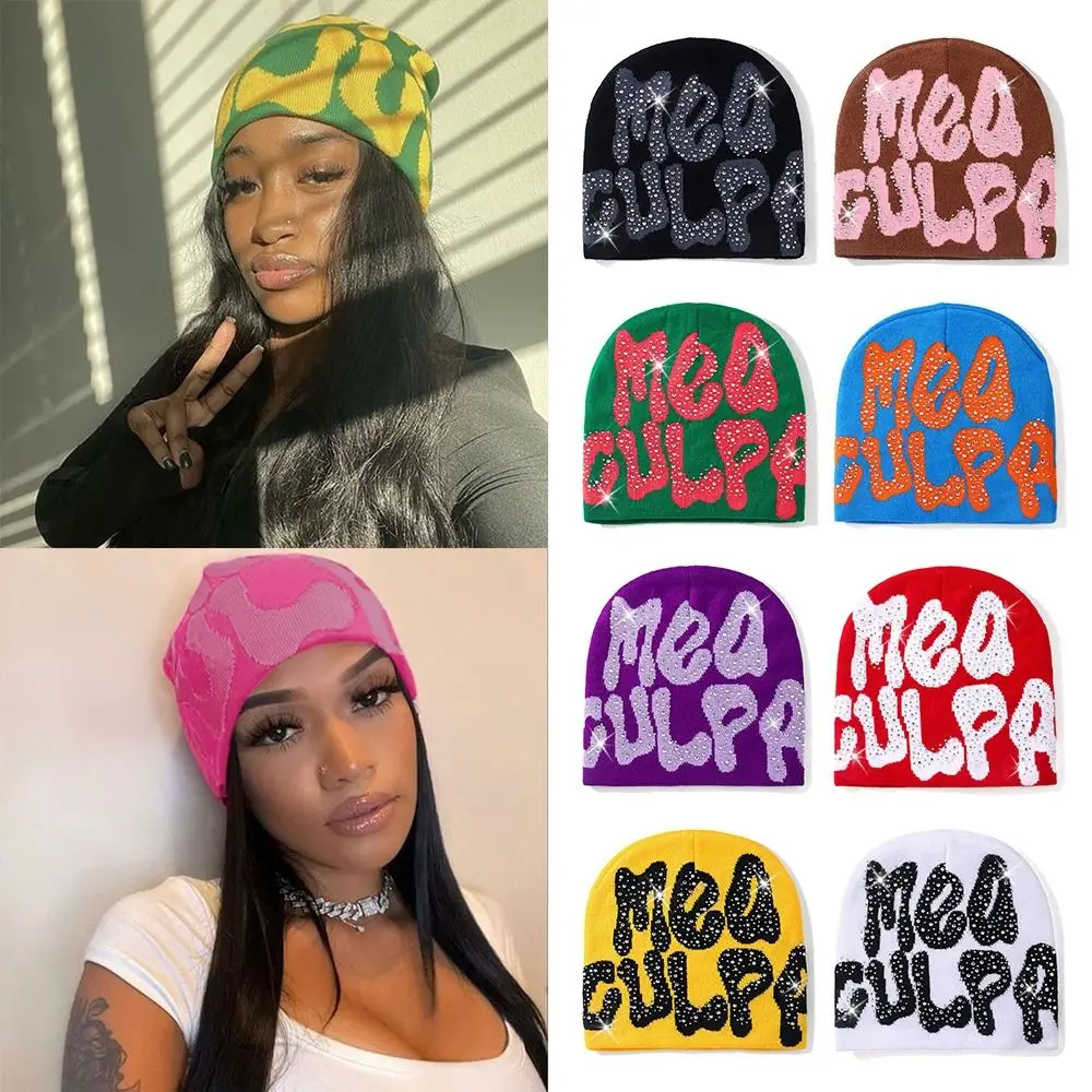 Błyszcząca MEA Culpa czapka beanie z Rhinestone dla kobiet mężczyzn Y2k czapki Hip-hopowa miękka rozciągliwa ciepła dzianinowa czapka z daszkiem