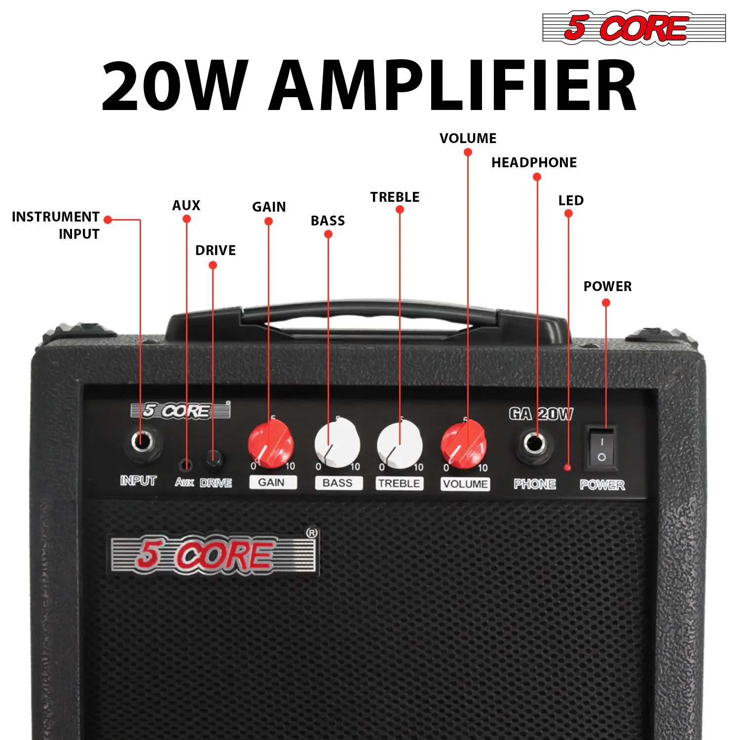 ギターアンプ 20W 電気式ポータブルミニアンプ 内蔵6.5インチスピーカー Auxヘッドホンジャック付き