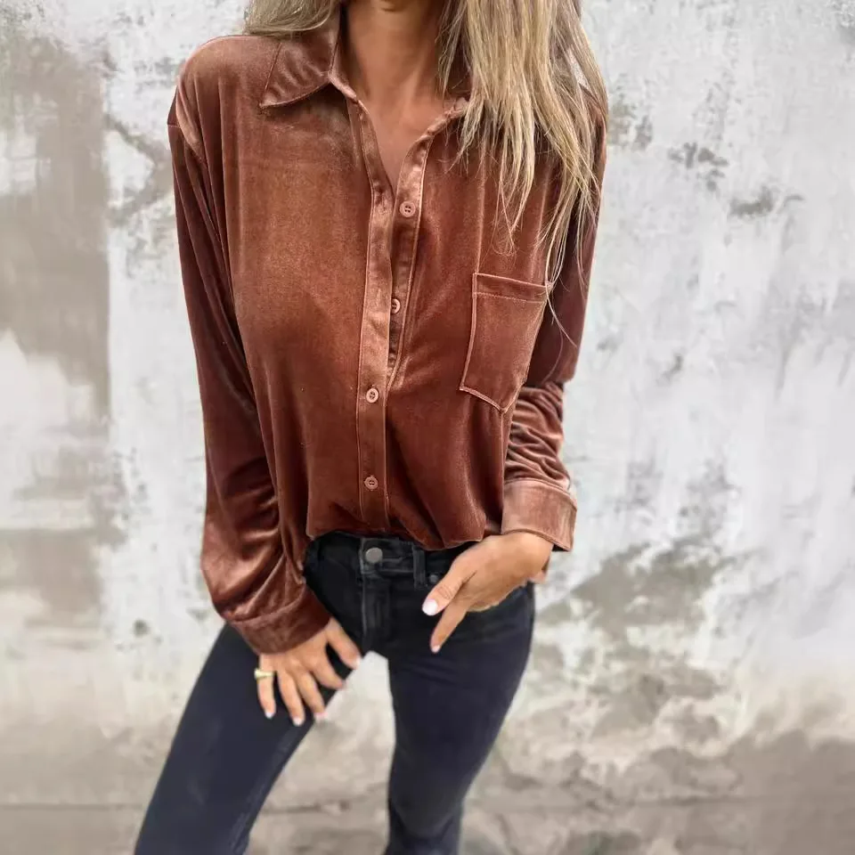 Europe and America New Velvet Shirt, 2024 Women's Spring and Autumn Long-sleeved Single-breasted Loose Shirt with Pockets Women