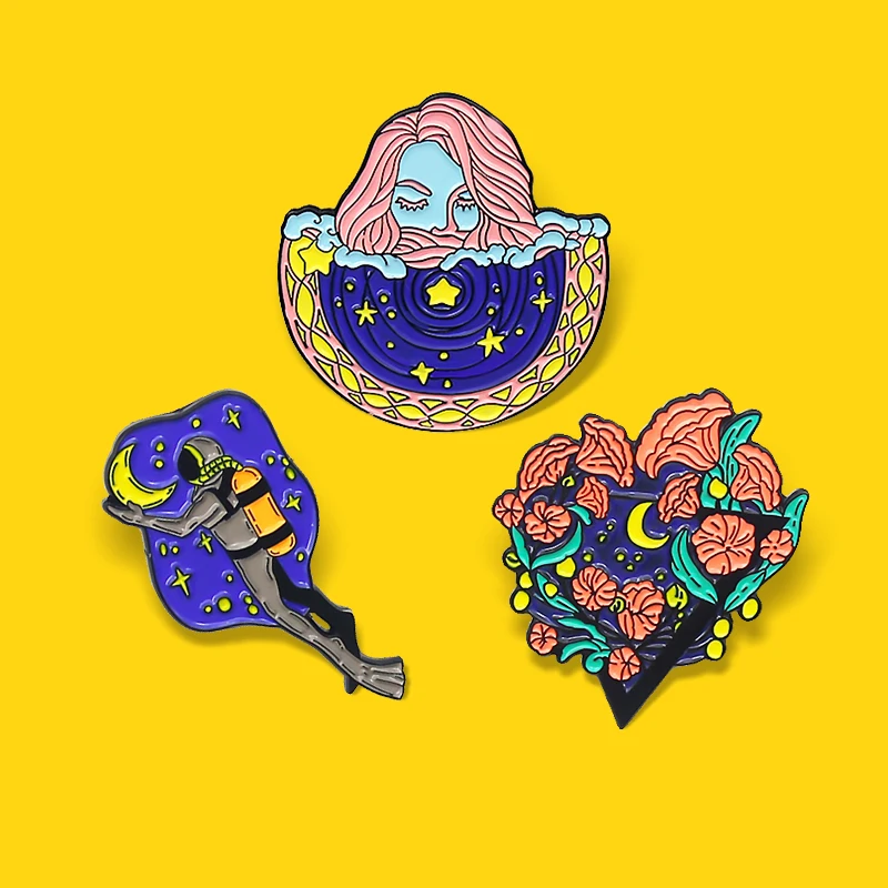 Blue Night Moon Stars Astronaut Diver Beautiful girl Enamel Pin Cosmic Adventure Badge Lapel Jewelry Gift Starry Night Brooches