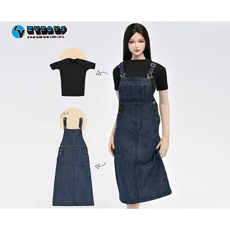

1/6 Scale Denim Sling Suspender Dress Black T-shirt Set Clothes Outfit Model for 12" Female Soldier Action Figure Toys Accessory