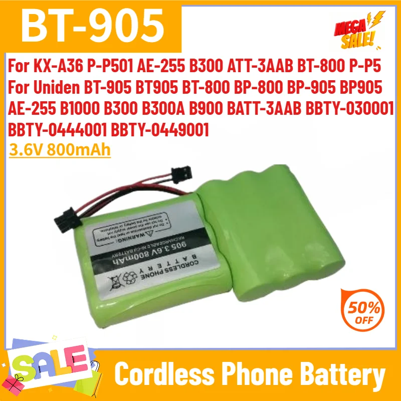 BT-905 Battery 3.6V 800mAh For  AE-255 B300 ATT-3AAB KX-A36 P-P501 BT-800 P-P5 Cordless Phone High Quality Replacement Battery