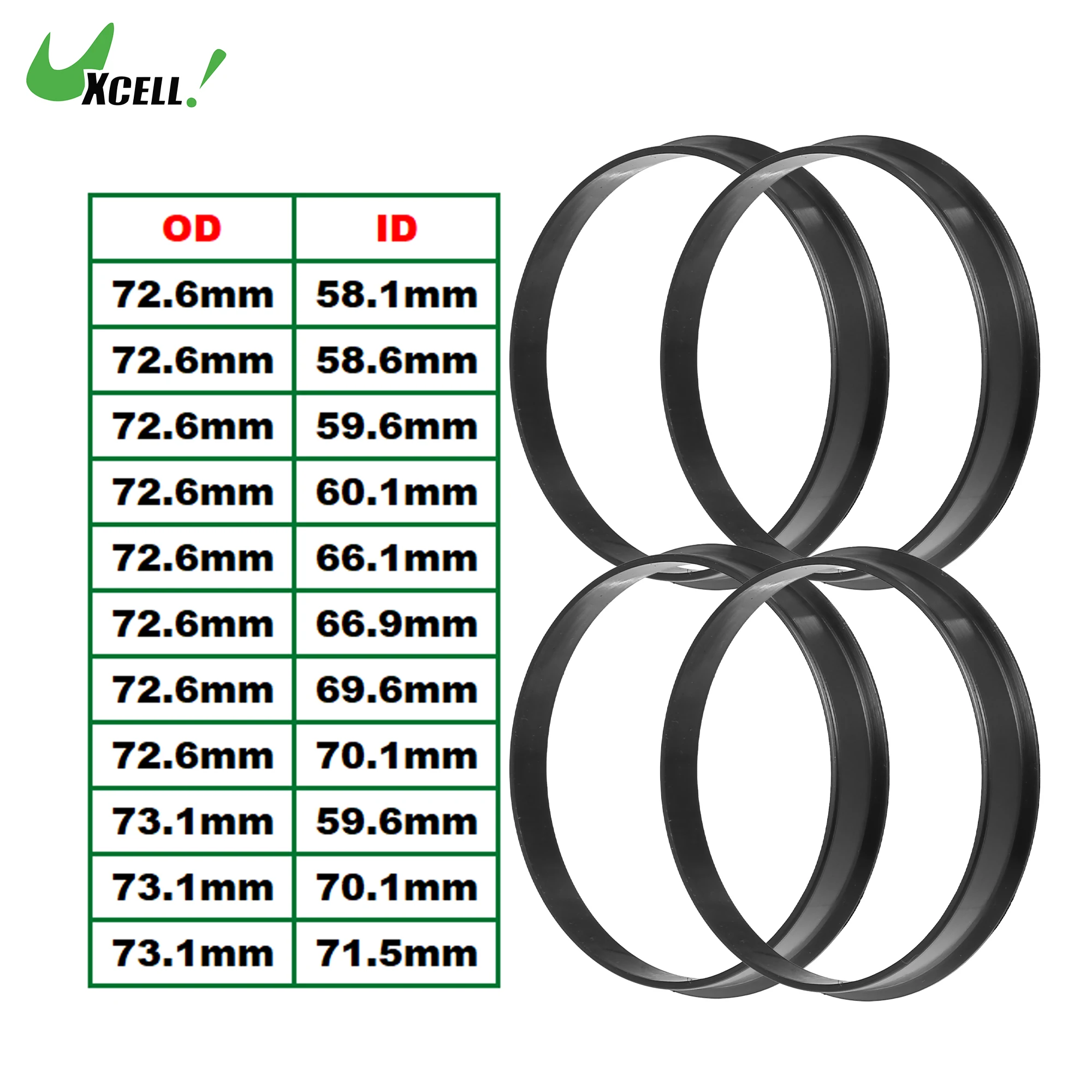 UXCELL 4Pcs 72.6mm 73.1mm to 58.1mm 59.6mm 60.1mm 66.1mm 66.9mm Car Tire Centering Hub Centric Ring Wheel Bore Center Spacer