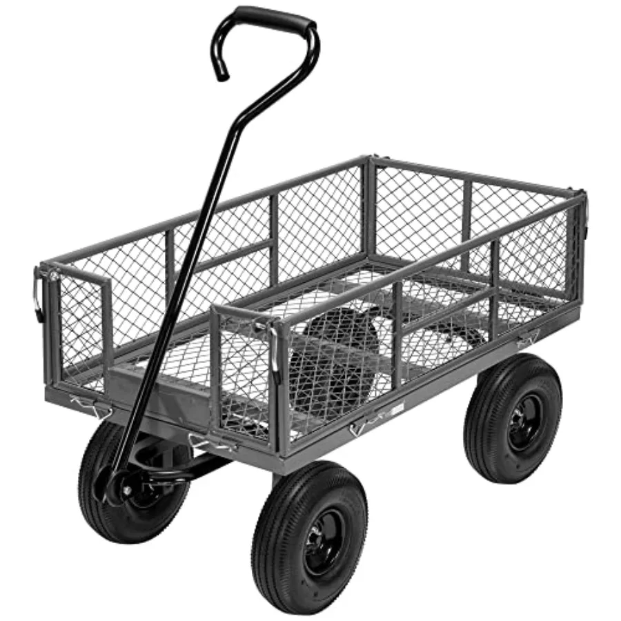 Heavy Duty 880 Lbs Capacity Mesh Steel Garden Cart Folding Utility Wagon with Removable Sides and 4.10/3.50-4 Wheels 10 inch Ti