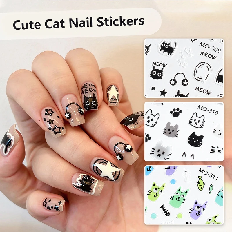 Kawaii Cute Little Cat Nail Stickers Cartoon Cat Stars Nail Stickers Graffiti DIY Nail Art Decoration Stickers Accessories