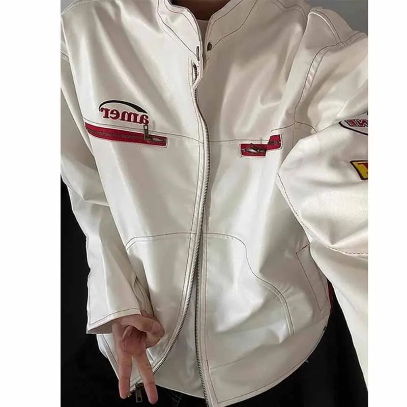 Man High Street White Short Leather Jacket American Locomotive Personality Coat Windproof Trend Zipper Stand Collar Outwear