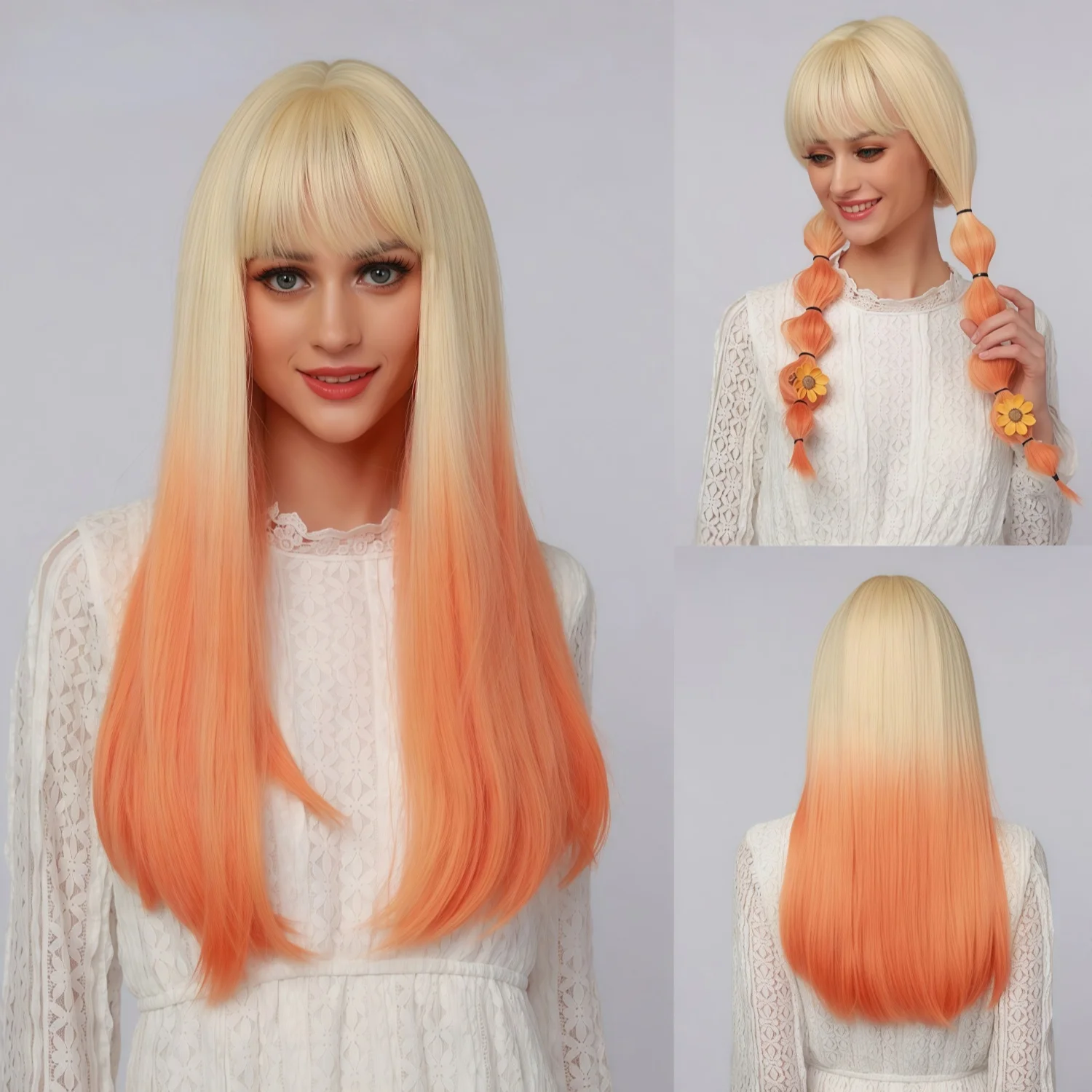 

Белый оранжевый парик в полоску, прямой синтетический парик с полной челкой, парик градиентного цвета, без клея, термостойкая синтетика