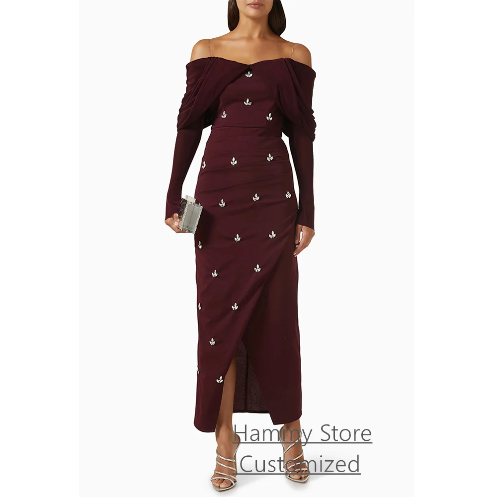 فستان سهرة عربي سعودي مخصص بدون أكتاف وأكمام طويلة مطوي كريستال شق غمد فستان حفلة كوكتيل فساتين حفلة موسيقية