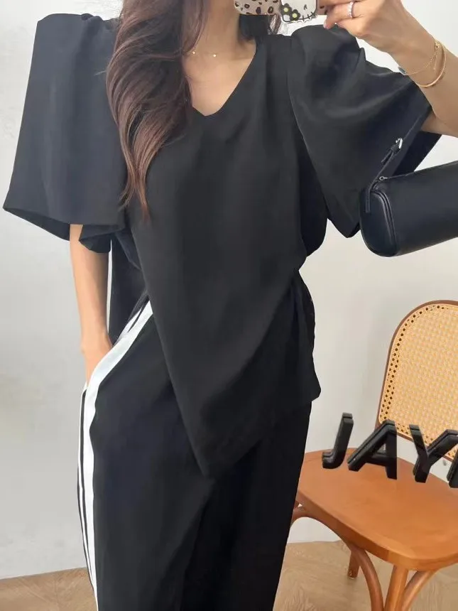 

Women's Bubble Sve T-irt Top V-Ne Loose Casual Dstring Waist Wide Leg Pants Set Cotton ort Sve Long Pants